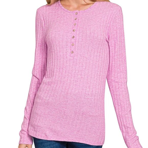 ✨NWT Zenana Ribbed Long Sleeve Half Button Top - Picture 1 of 3